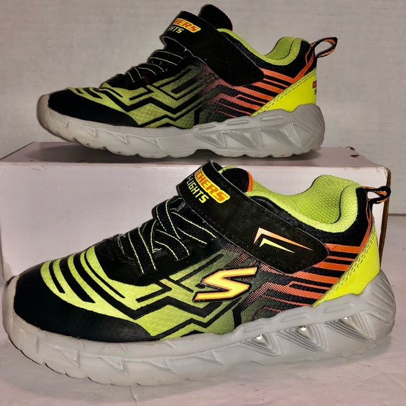 Skechers S-Lights Sneaker Shoes School Size 10 Black Neon Yellow Pre-owned - Picture 2 of 10